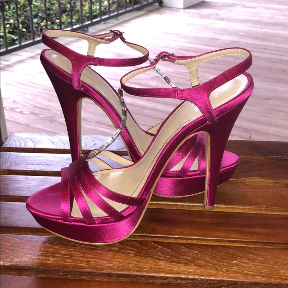 HOT Pink Satin Stiletto with Rhinestone T strap